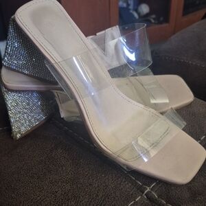 Fashion Nova Clear Strap Heels with Sparkling Silver Accents